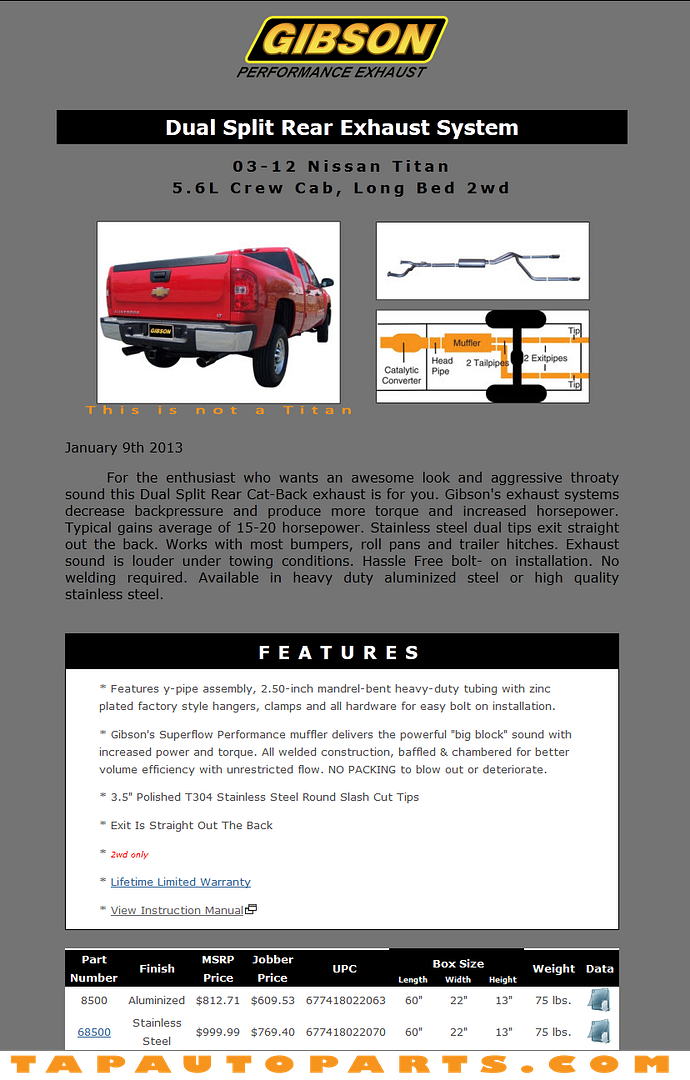 TAP Auto Parts New Product Gibson Dual Split Rear Exhaust System for