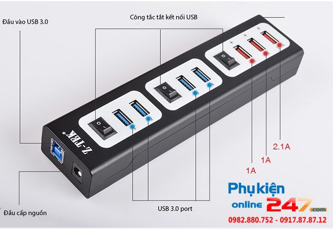 bo chia usb 3.0 co nguon phu de sac ztek ze652