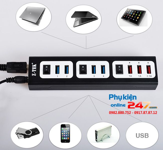 bo chia usb 3.0 co nguon phu de sac ztek ze652