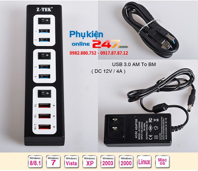 bo chia usb 3.0 co nguon phu de sac ztek ze652