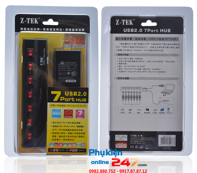 bo chia usb 7 cong co nguon phu ztek ze532