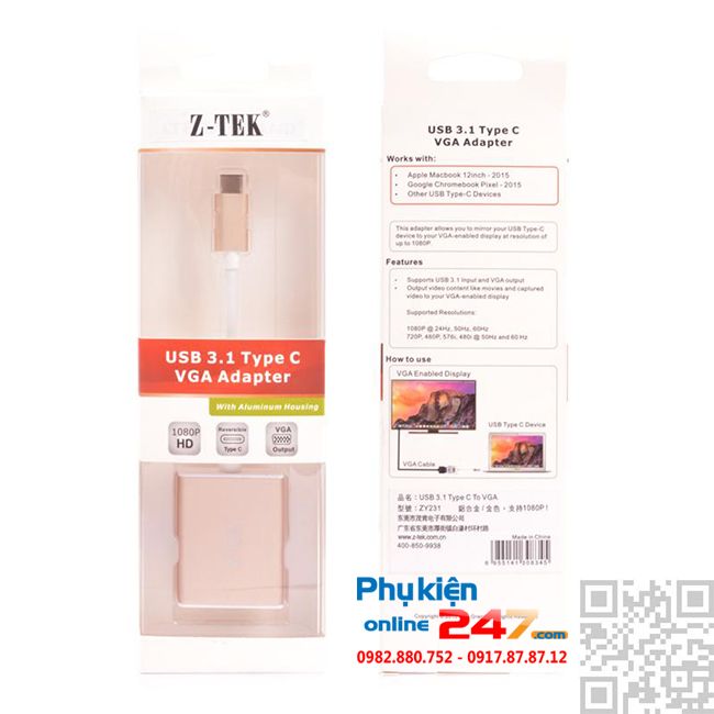 cap chuyen doi usb type c to vga ztek zy231